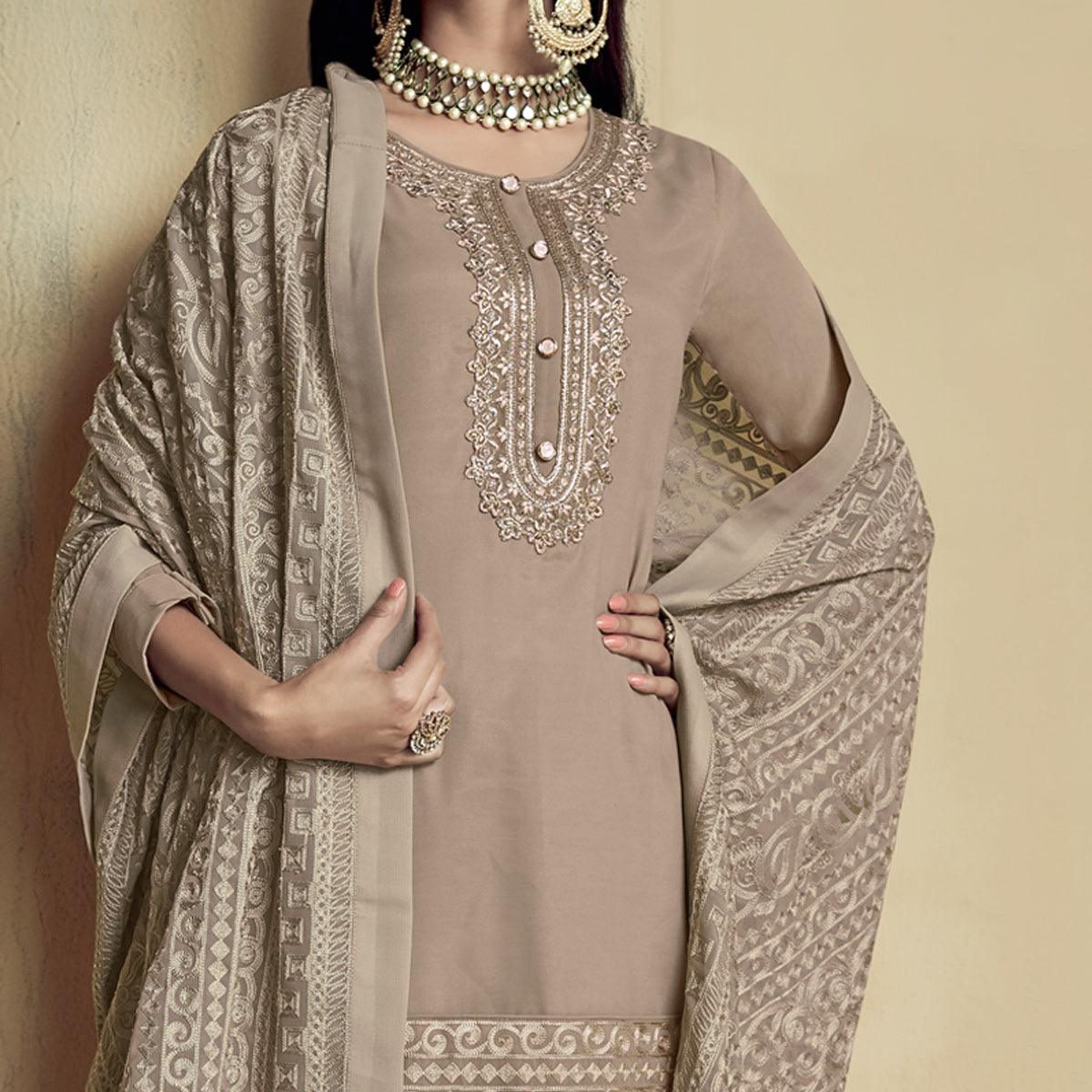 Beige Partywear Embroidered Heavy Georgette Sharara Suit - Peachmode