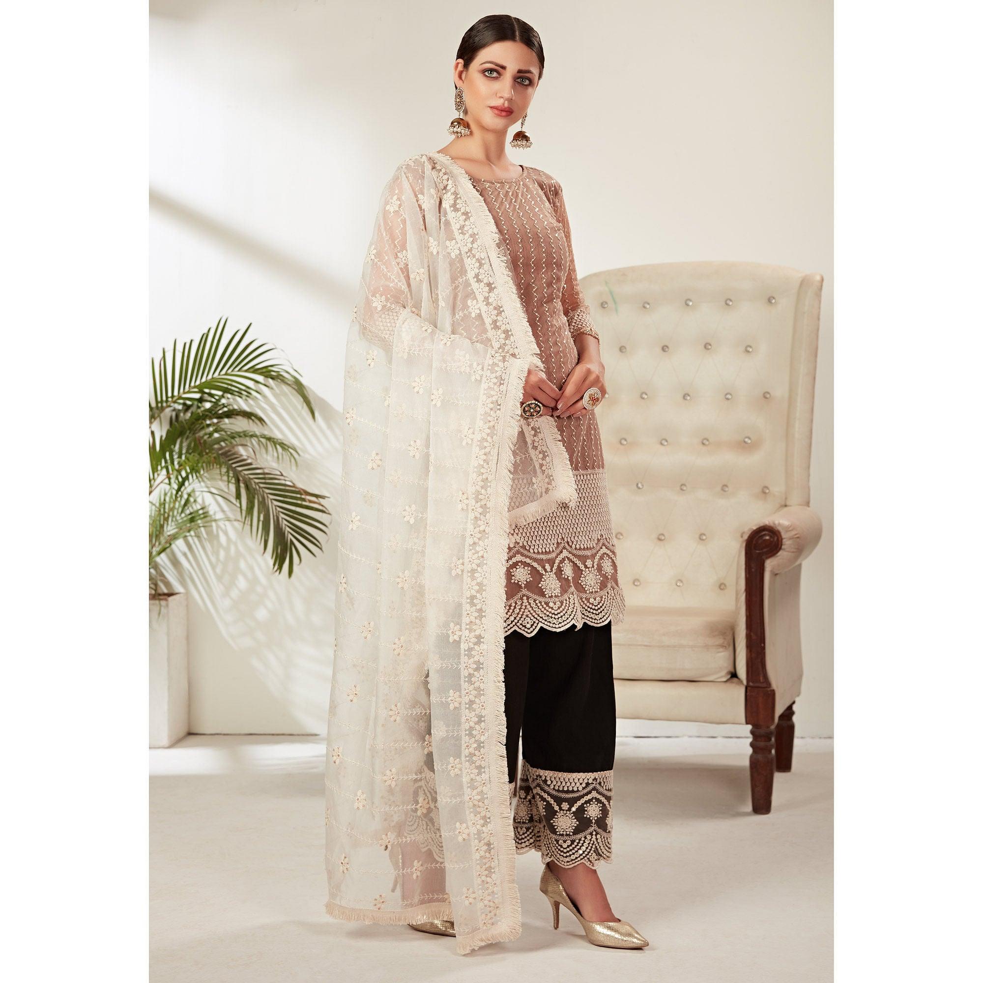 Beige Partywear Embroidered Heavy Net Pakistani Suit - Peachmode