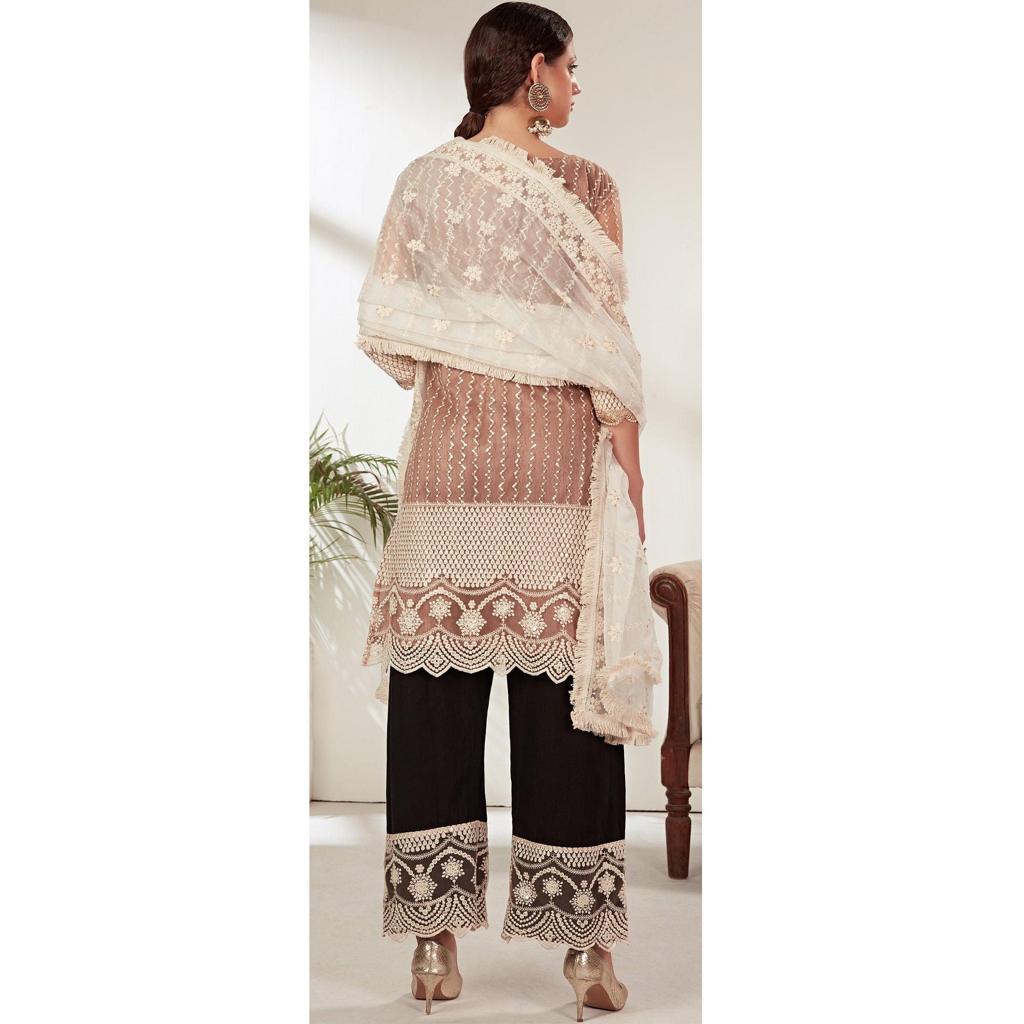 Beige Partywear Embroidered Heavy Net Pakistani Suit - Peachmode