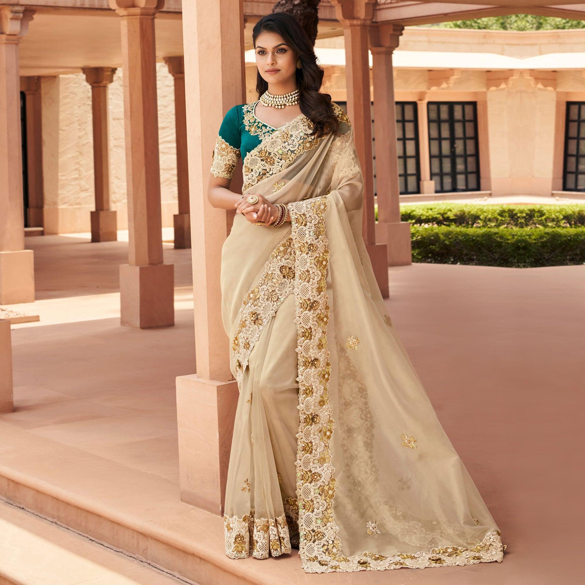 Beige Partywear Embroidered Organza Tissue Saree - Peachmode