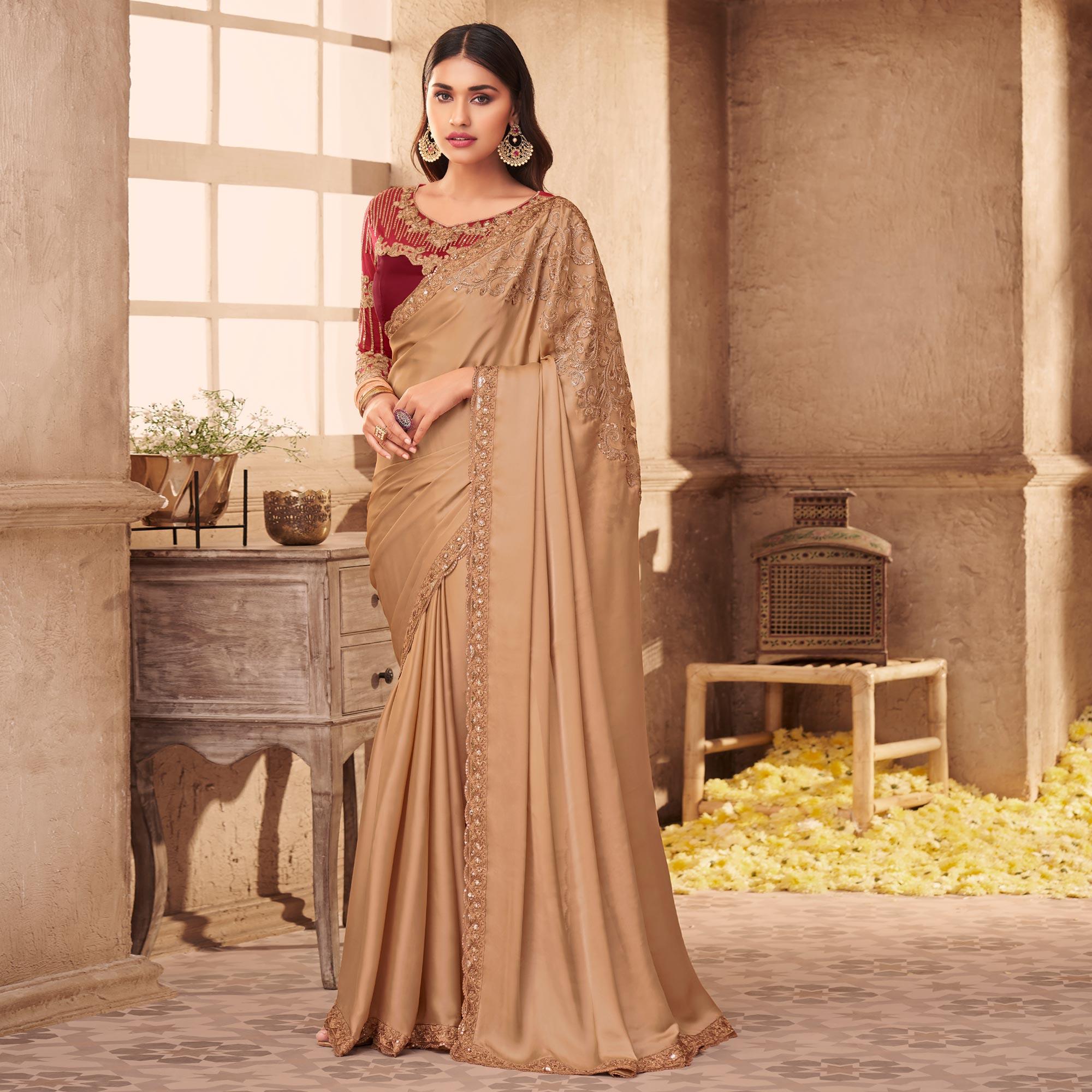 Beige Partywear Embroidered Silk Saree - Peachmode