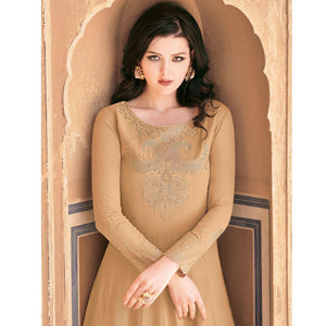 Beige Partywear Embroidered Soft Georgette Suit - Peachmode