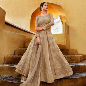 Beige Partywear Embroidered with Swarovski Soft Net Suit - Peachmode