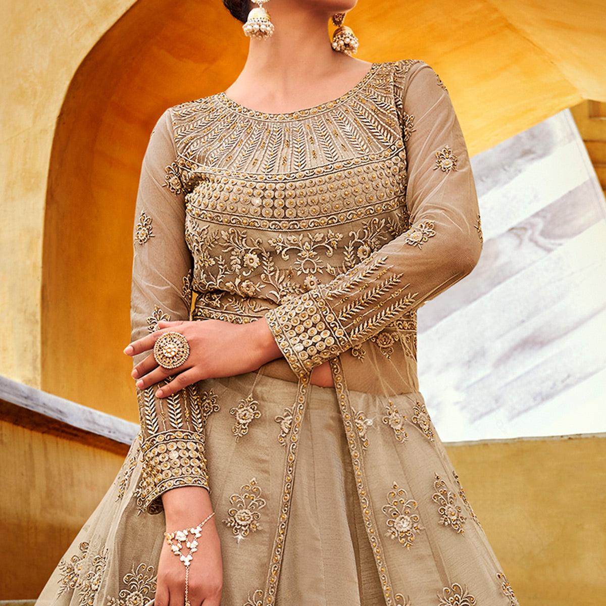 Beige Partywear Embroidered with Swarovski Soft Net Suit - Peachmode