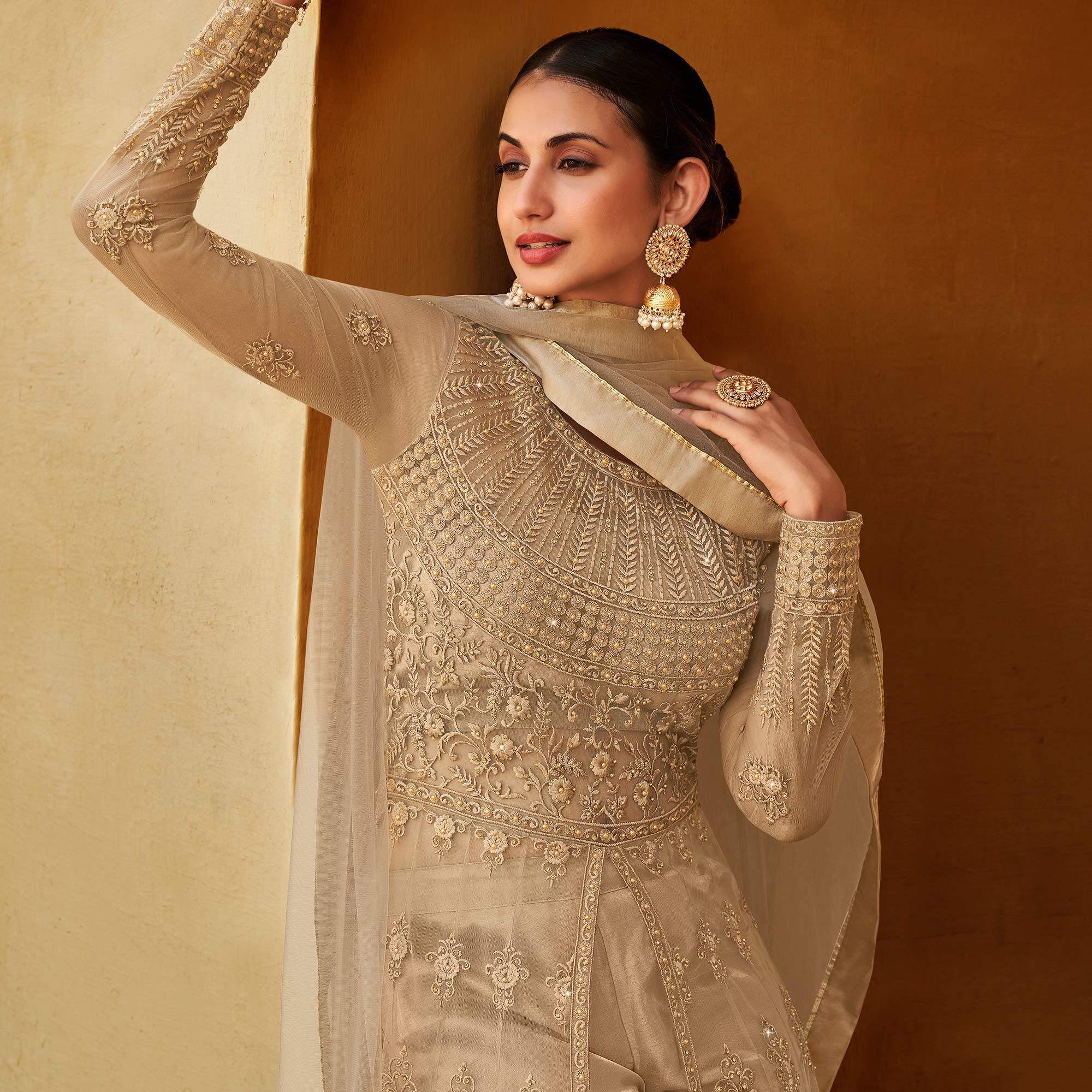 Beige Partywear Embroidered with Swarovski Soft Net Suit - Peachmode