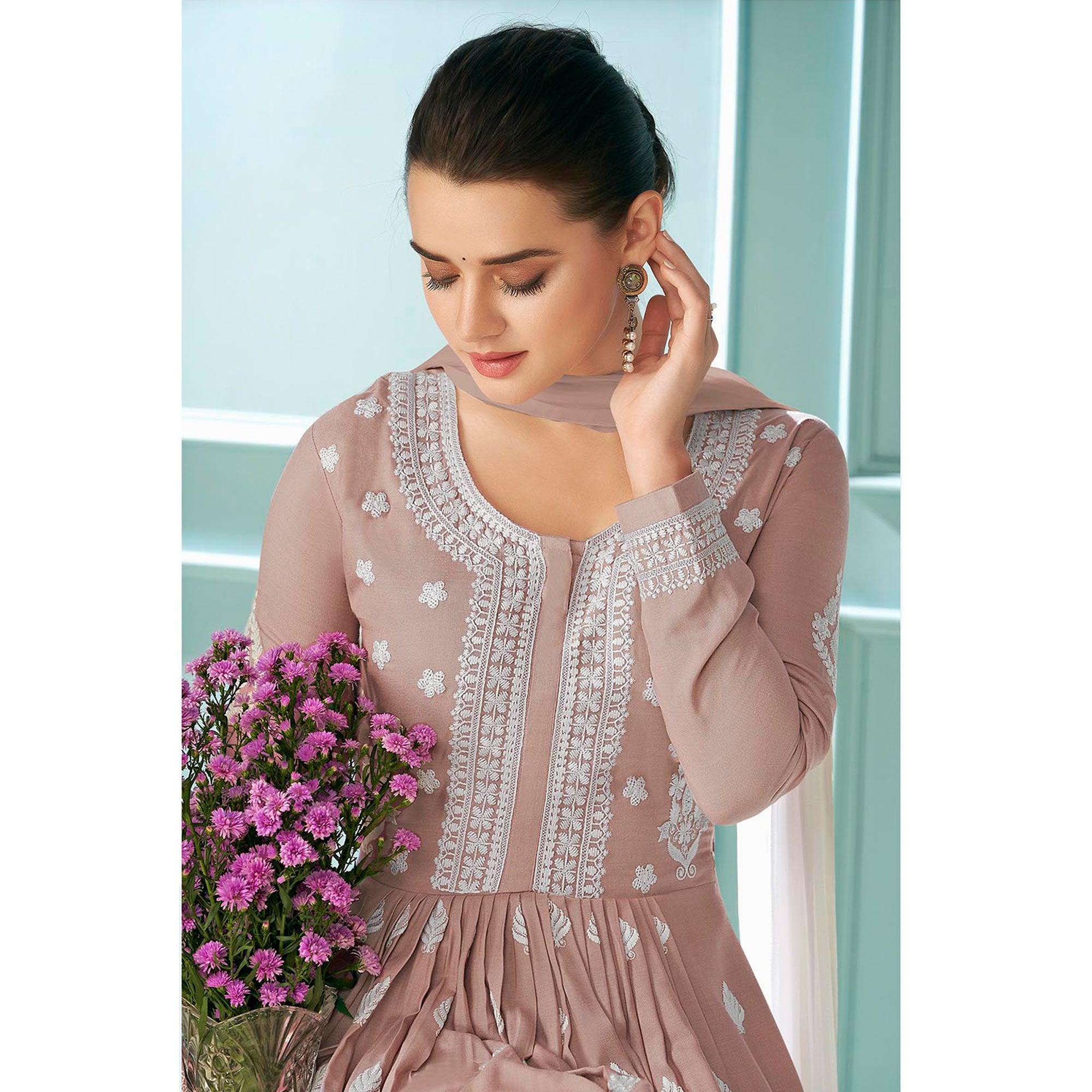 Beige Partywear Floral Embroidered Rayon Palazzo Suit - Peachmode