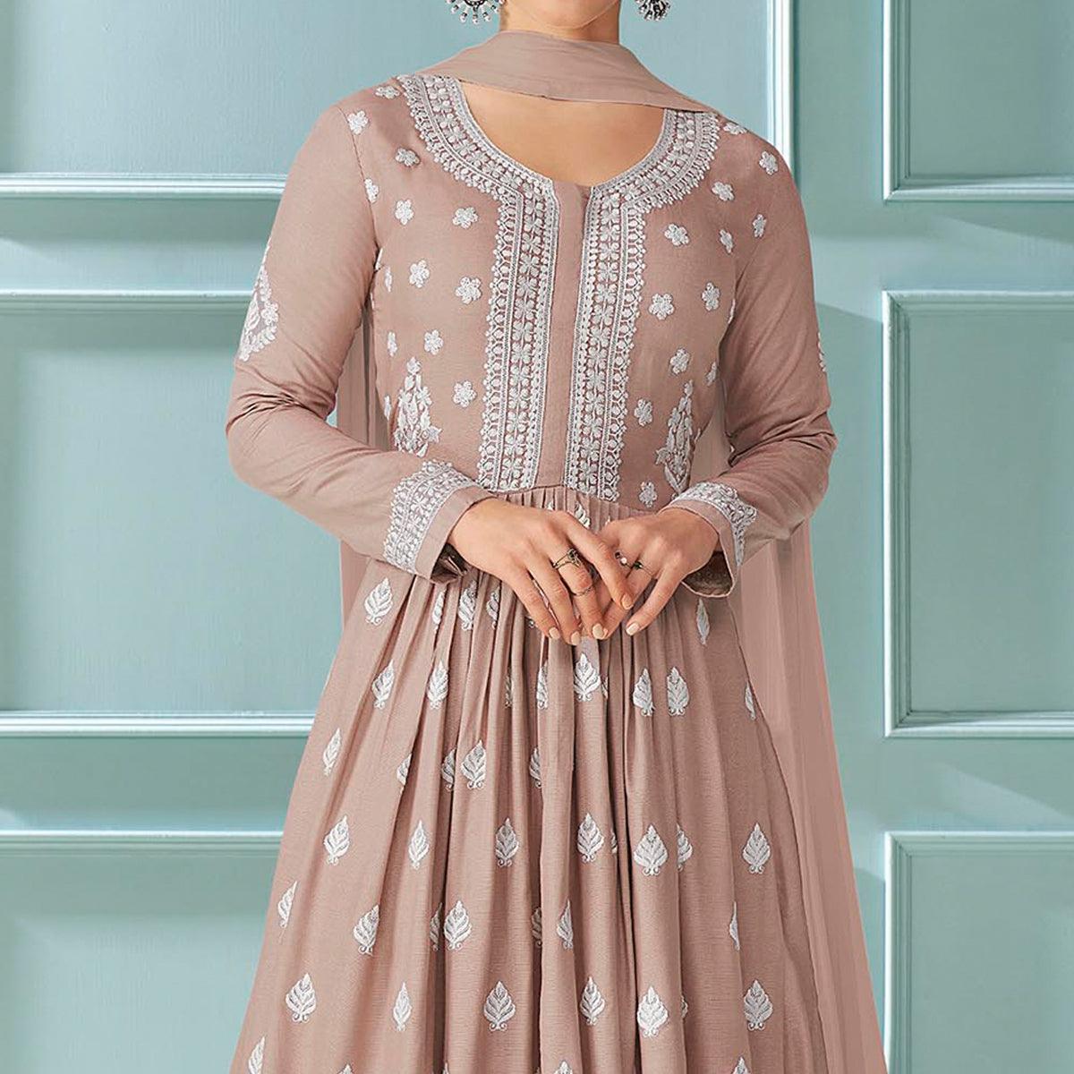 Beige Partywear Floral Embroidered Rayon Palazzo Suit - Peachmode