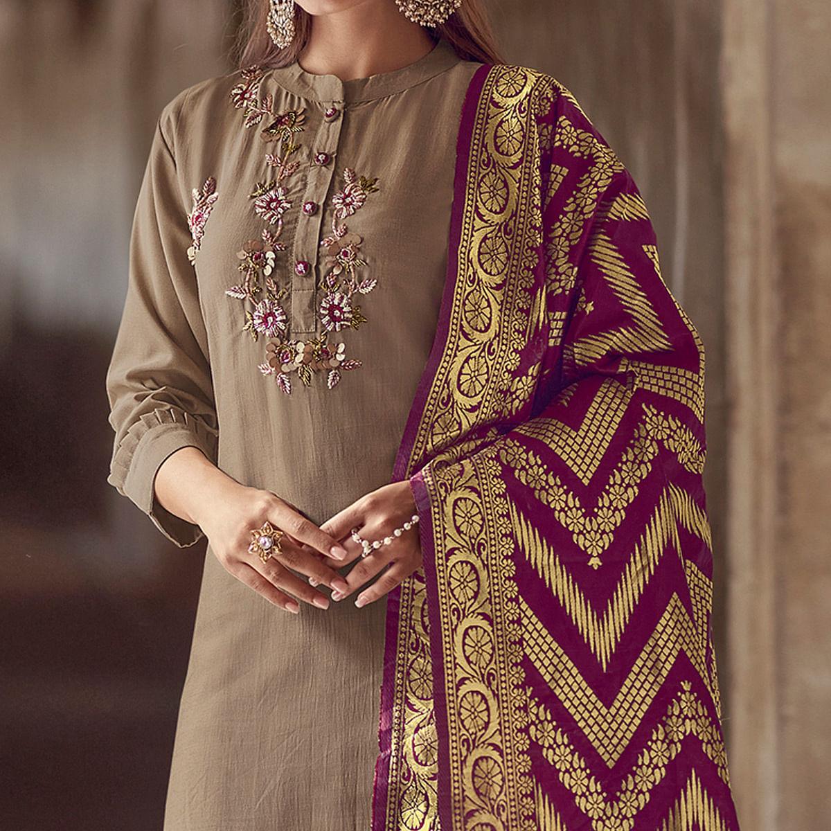 Beige Partywear Floral Embroidered Silk Suit - Peachmode