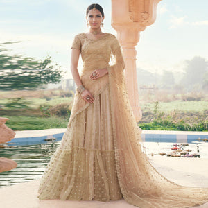 Beige Partywear Floral Embroidered With Zari Net Lehenga Choli - Peachmode