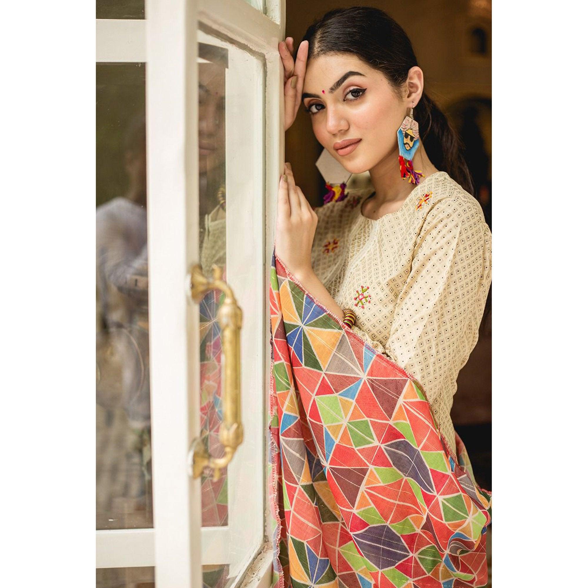 Beige Partywear Lace Work Cotton Kurti - Pant Set With Dupatta - Peachmode