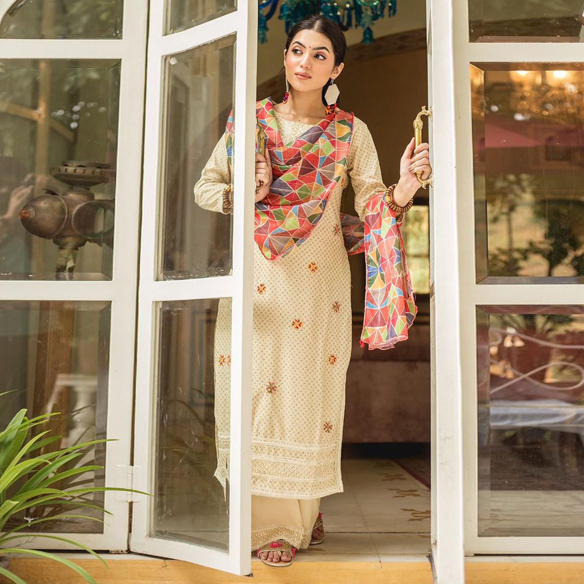 Beige Partywear Lace Work Cotton Kurti - Pant Set With Dupatta - Peachmode