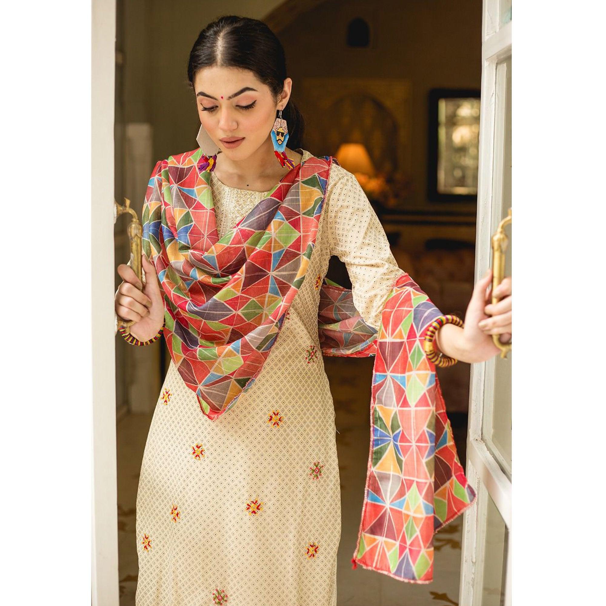 Beige Partywear Lace Work Cotton Kurti - Pant Set With Dupatta - Peachmode