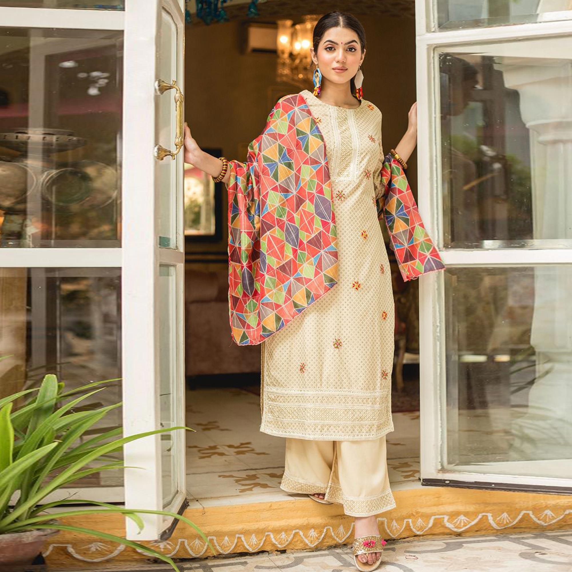 Beige Partywear Lace Work Cotton Kurti - Pant Set With Dupatta - Peachmode