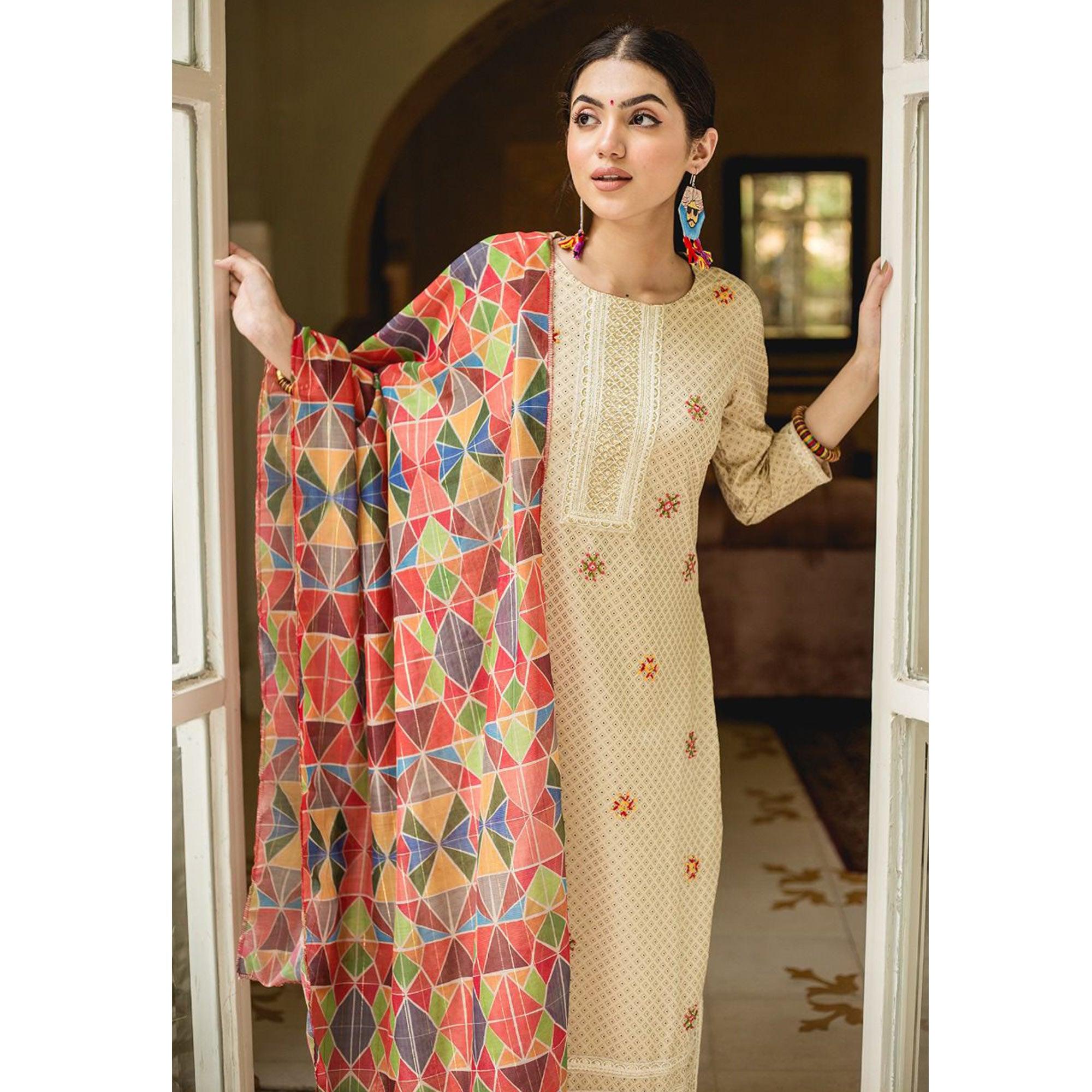 Beige Partywear Lace Work Cotton Kurti - Pant Set With Dupatta - Peachmode