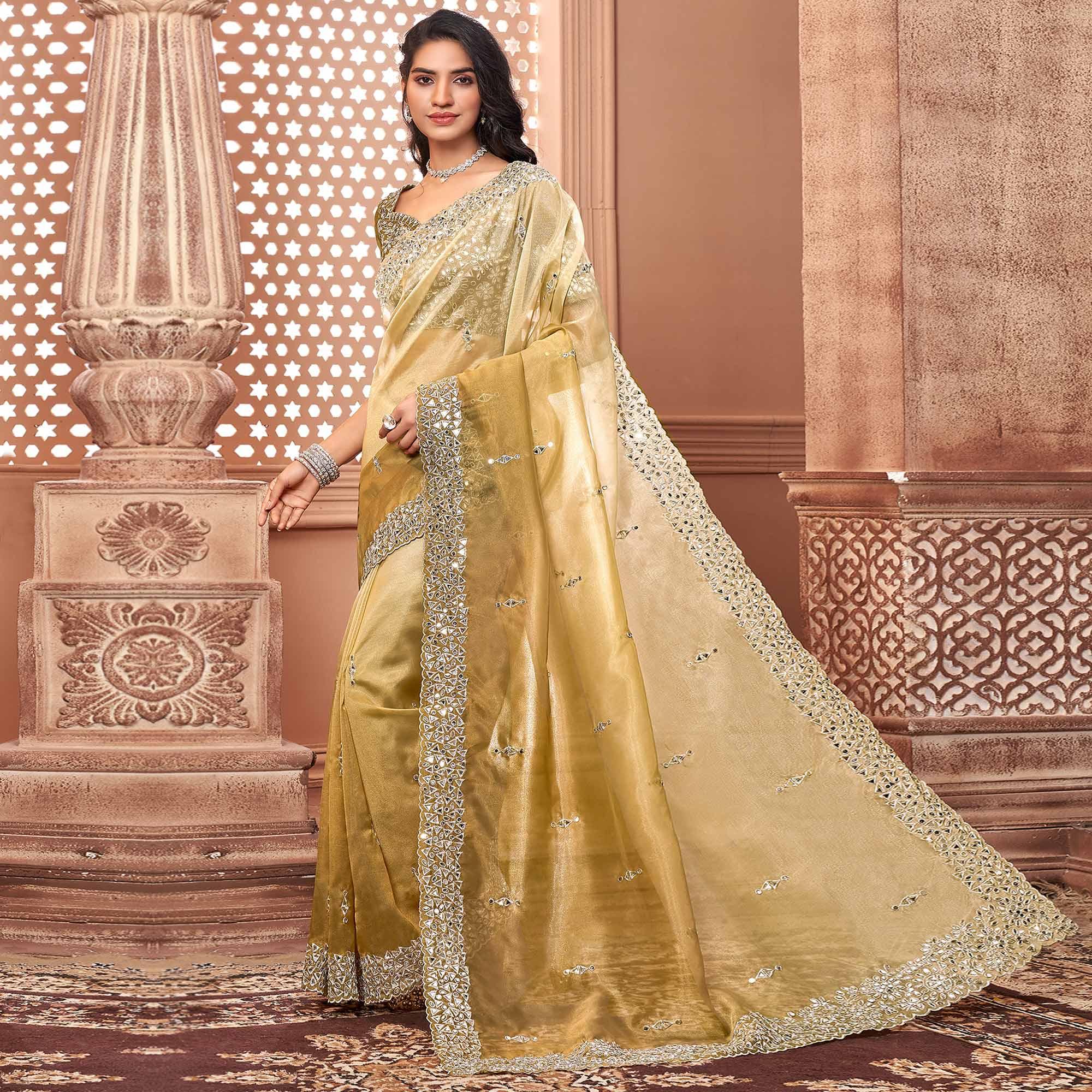 Beige Partywear Mirror Work Embroidered Organza Saree - Peachmode