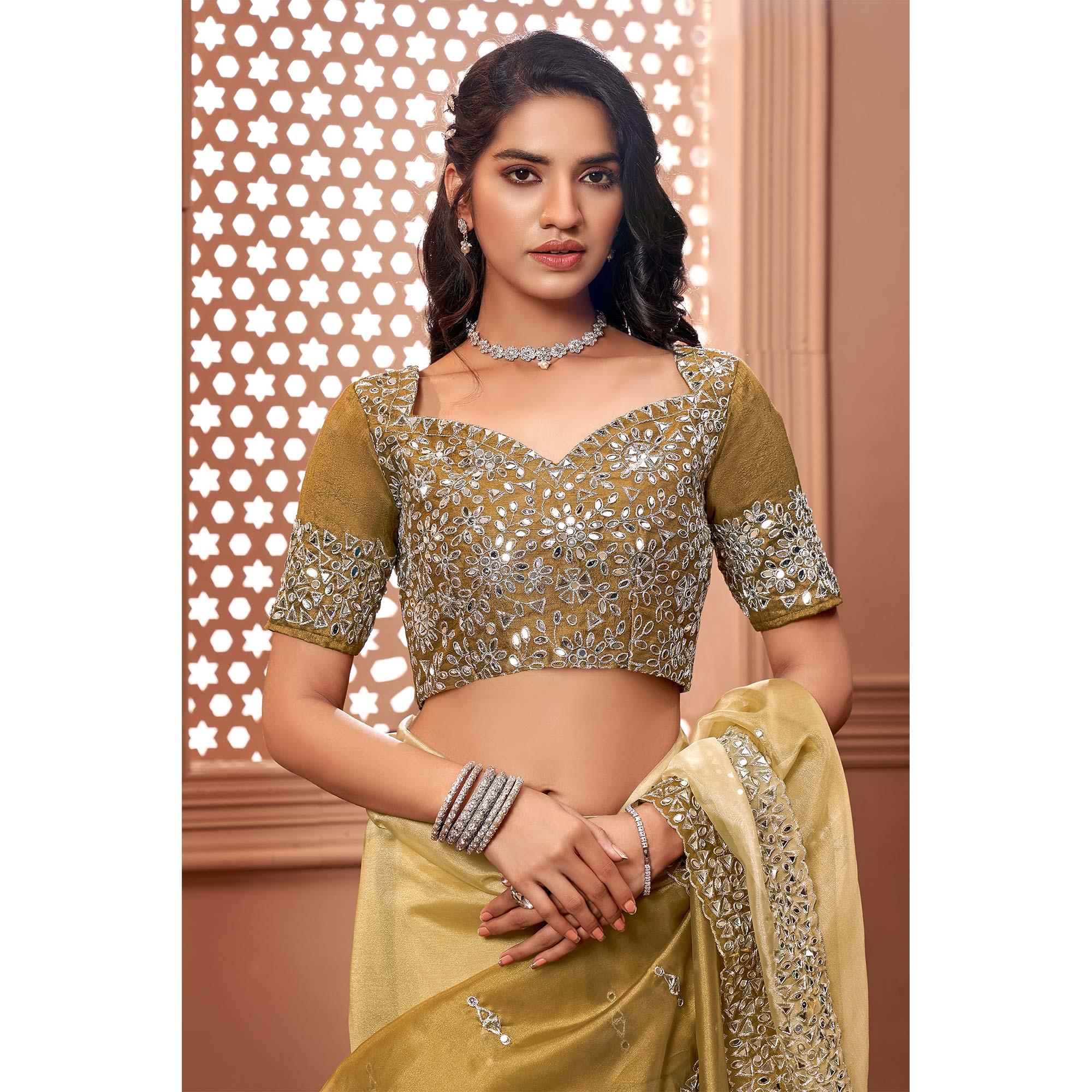 Beige Partywear Mirror Work Embroidered Organza Saree - Peachmode