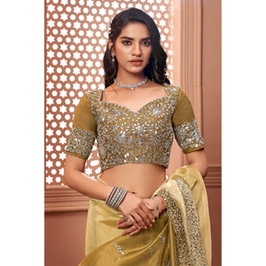 Beige Partywear Mirror Work Embroidered Organza Saree - Peachmode