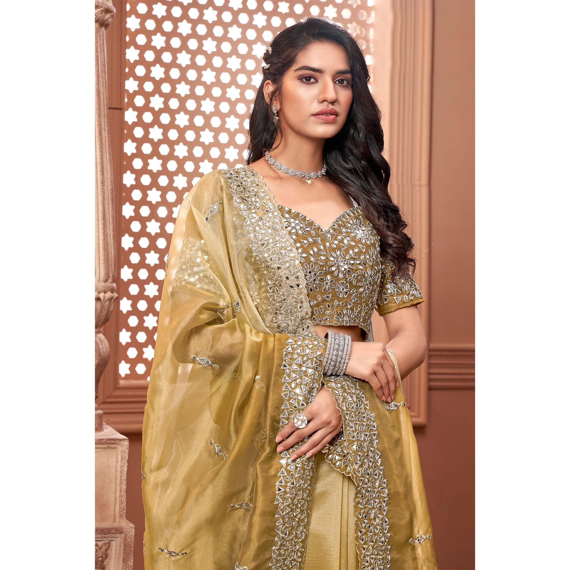 Beige Partywear Mirror Work Embroidered Organza Saree - Peachmode