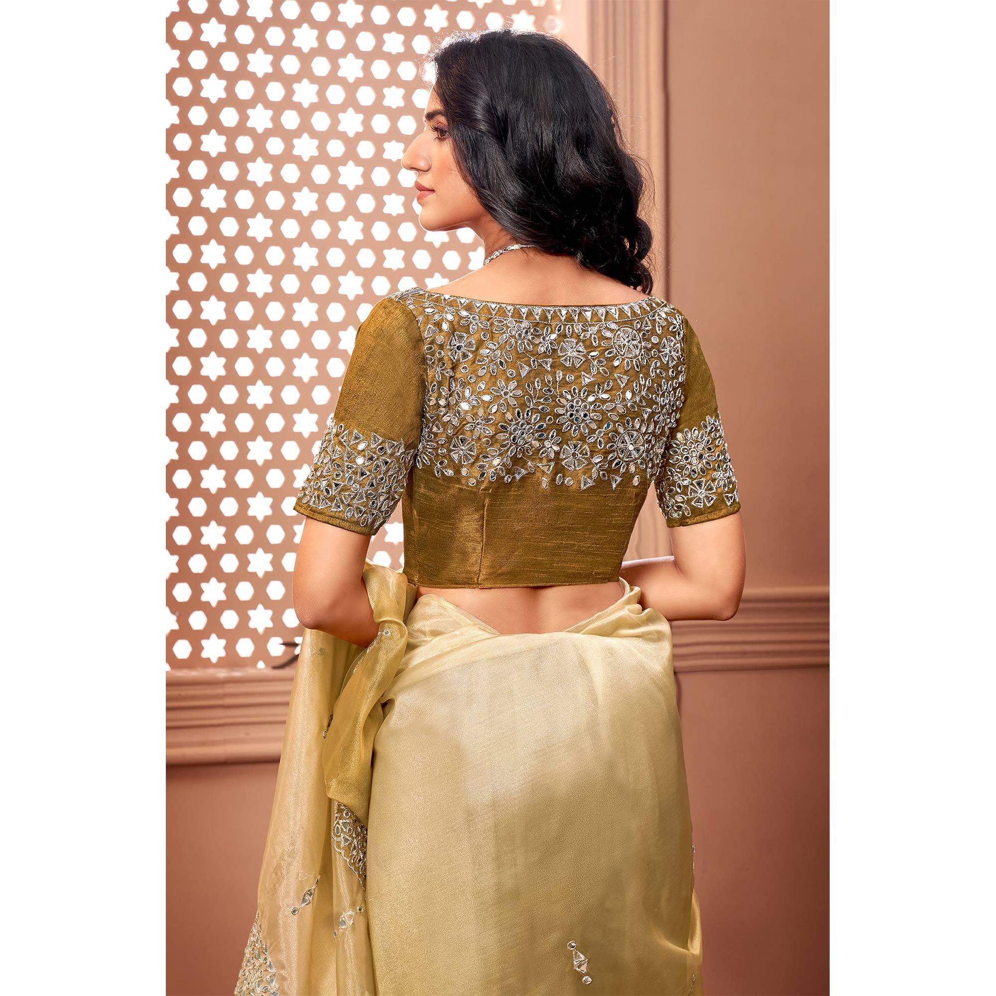 Beige Partywear Mirror Work Embroidered Organza Saree - Peachmode