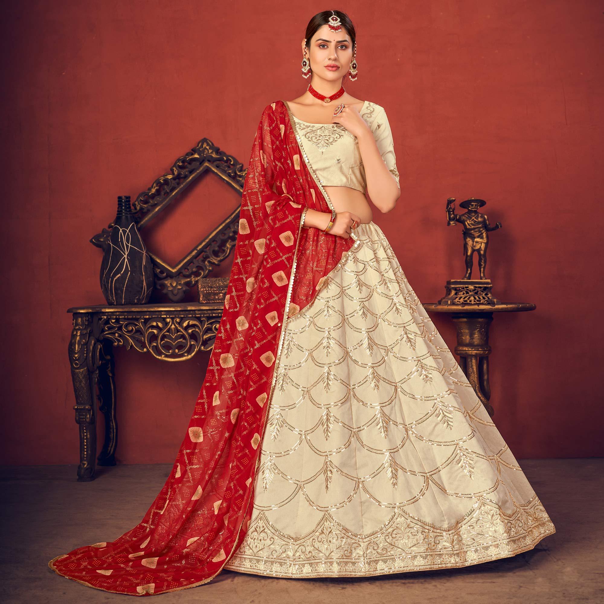 Beige Partywear Sequence Embroidered Art Silk Lehenga Choli - Peachmode