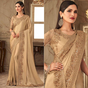 Beige Partywear Sequence Embroidered  Silk Saree - Peachmode
