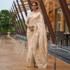 Beige Partywear Sequence Woven Chanderi Silk Saree - Peachmode