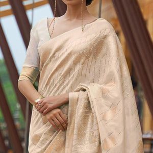 Beige Partywear Sequence Woven Chanderi Silk Saree - Peachmode