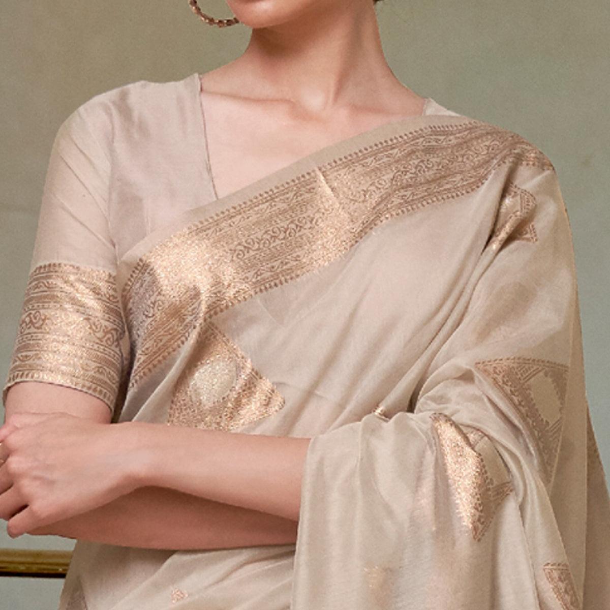Beige Partywear Woven Chanderi Saree - Peachmode