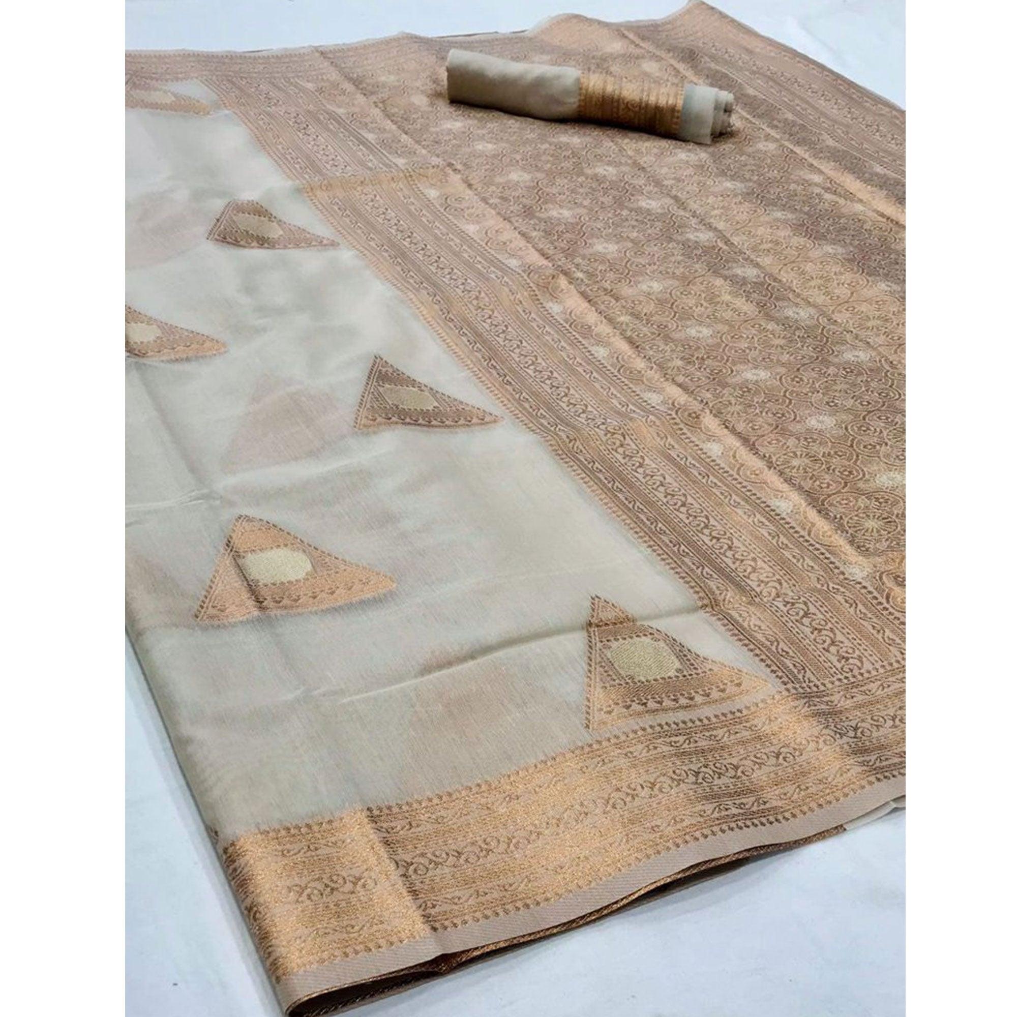 Beige Partywear Woven Chanderi Saree - Peachmode