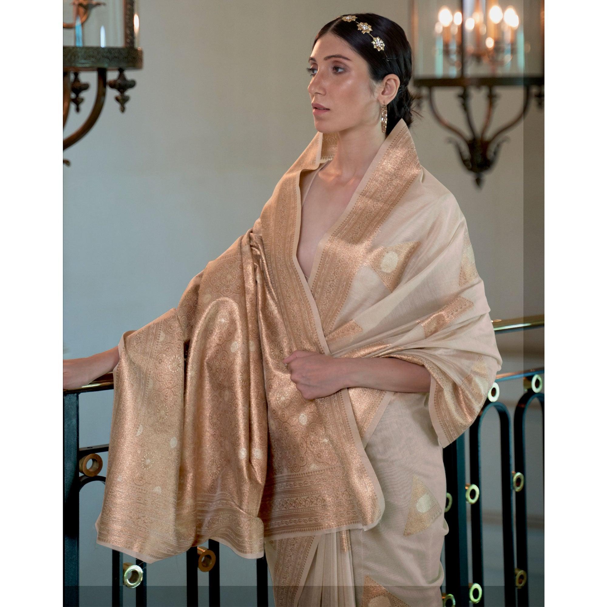 Beige Partywear Woven Chanderi Saree - Peachmode