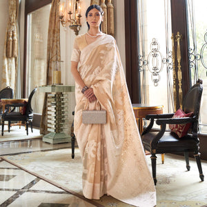 Beige Partywear Woven Chanderi Silk Saree - Peachmode