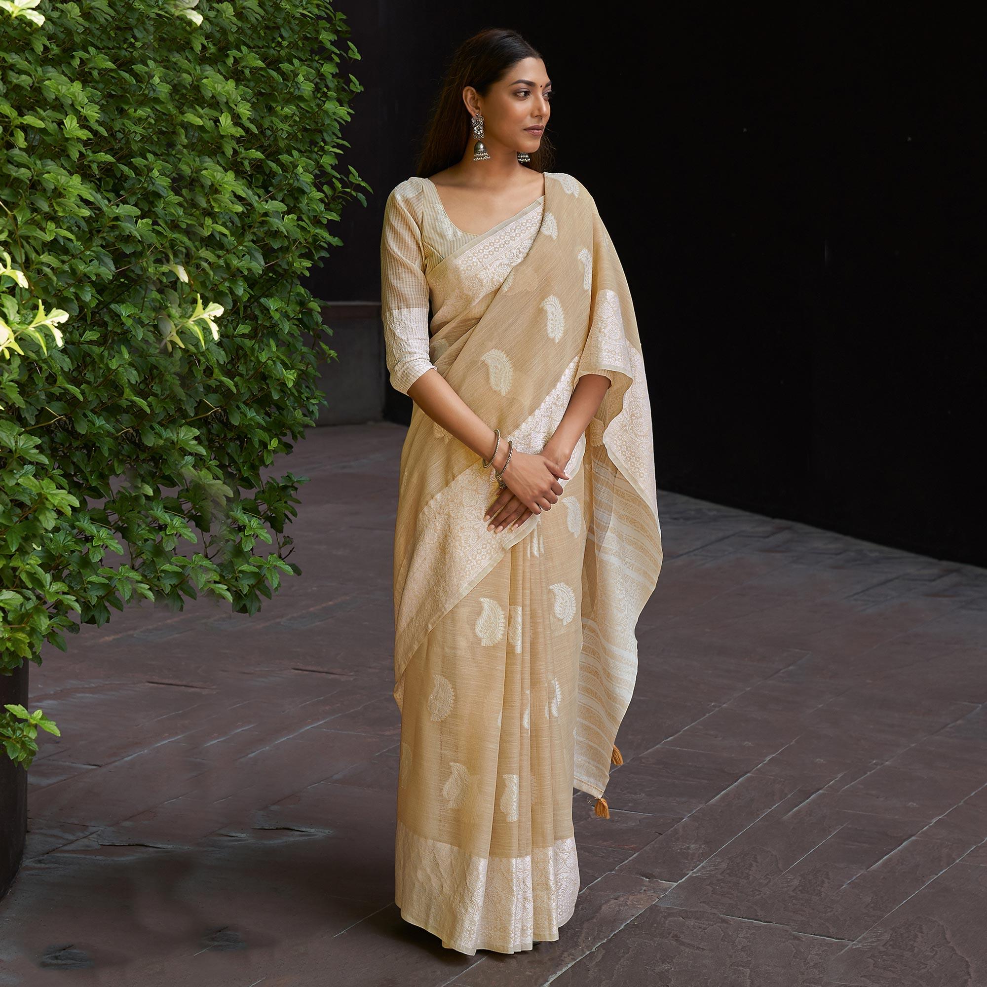Beige Partywear Woven Linen Saree - Peachmode