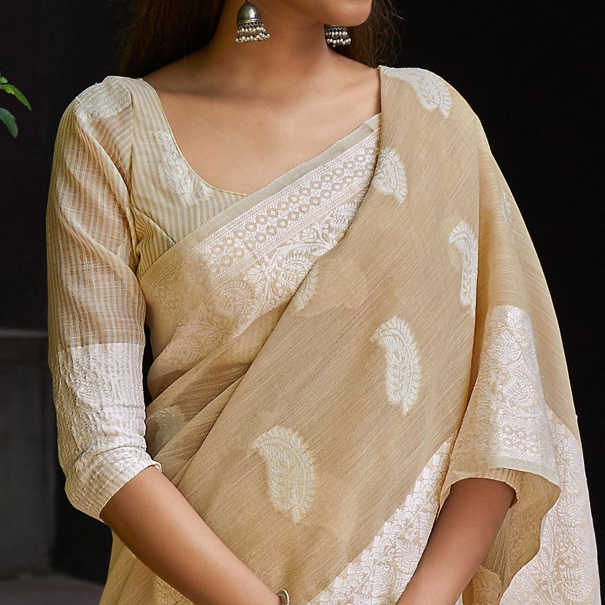 Beige Partywear Woven Linen Saree - Peachmode