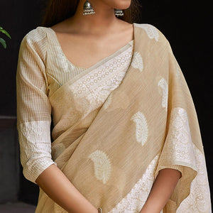 Beige Partywear Woven Linen Saree - Peachmode