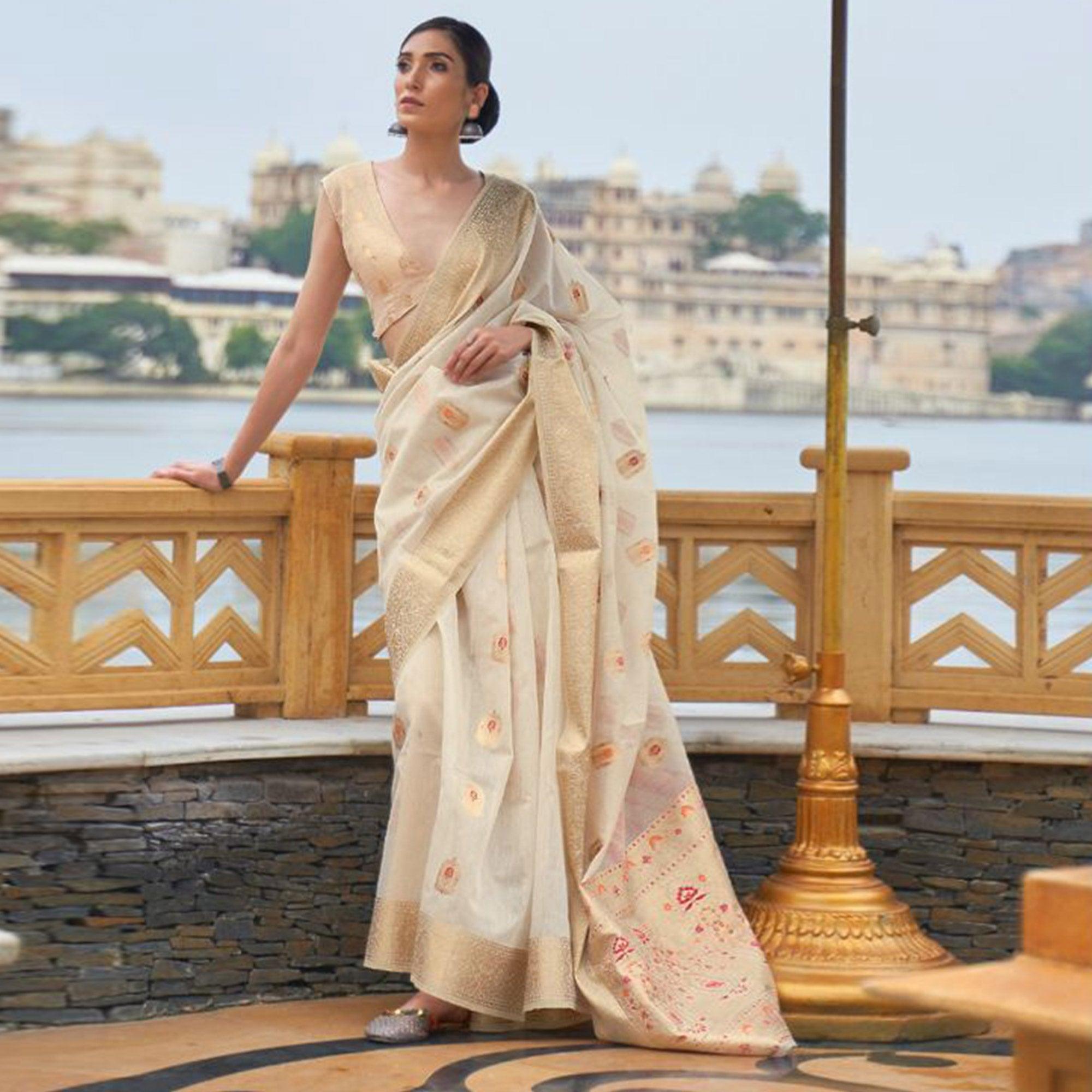 Beige Partywear Woven Pure Linen Saree - Peachmode