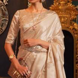Beige Partywear Woven Satin Saree - Peachmode