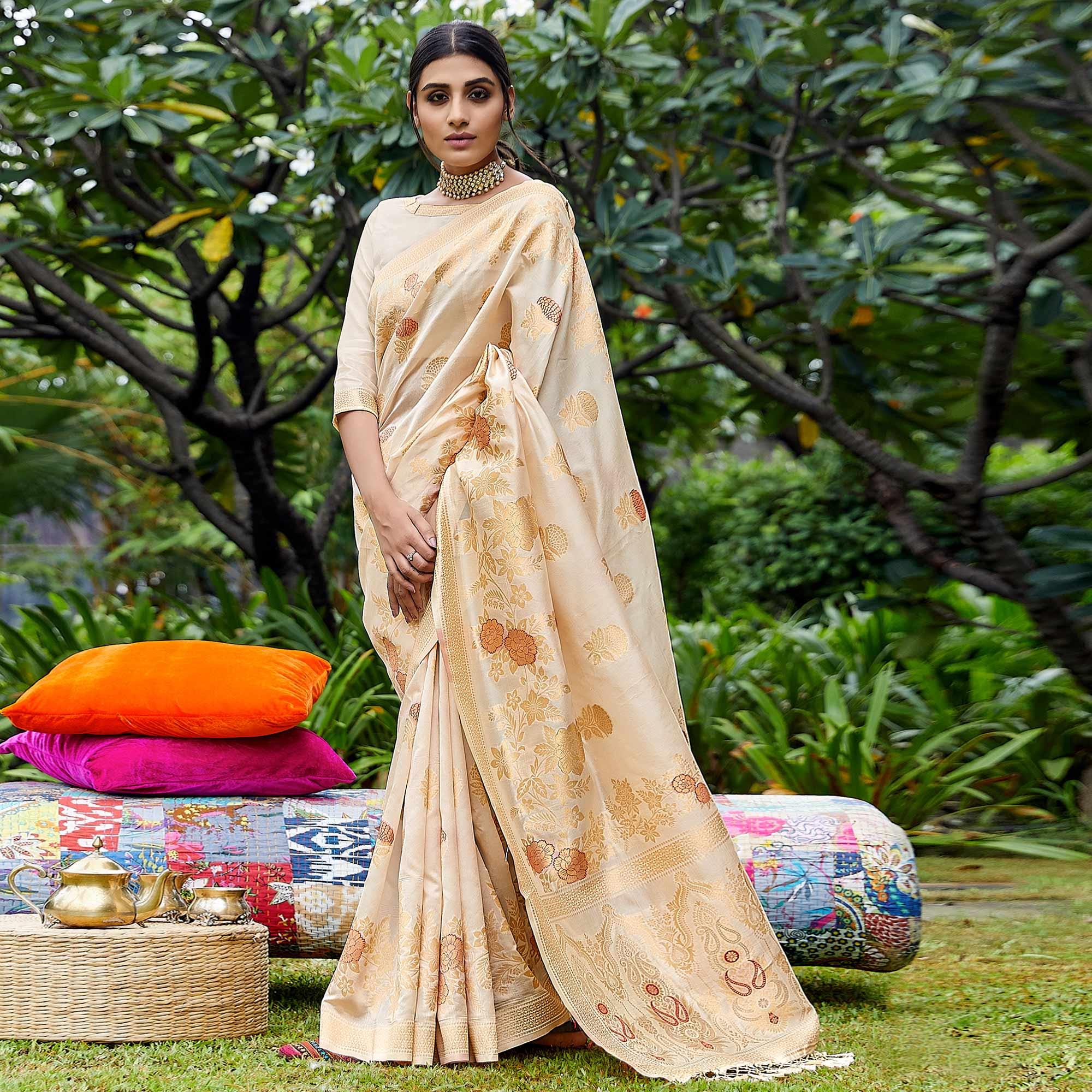 Beige Partywear Woven Silk Saree - Peachmode