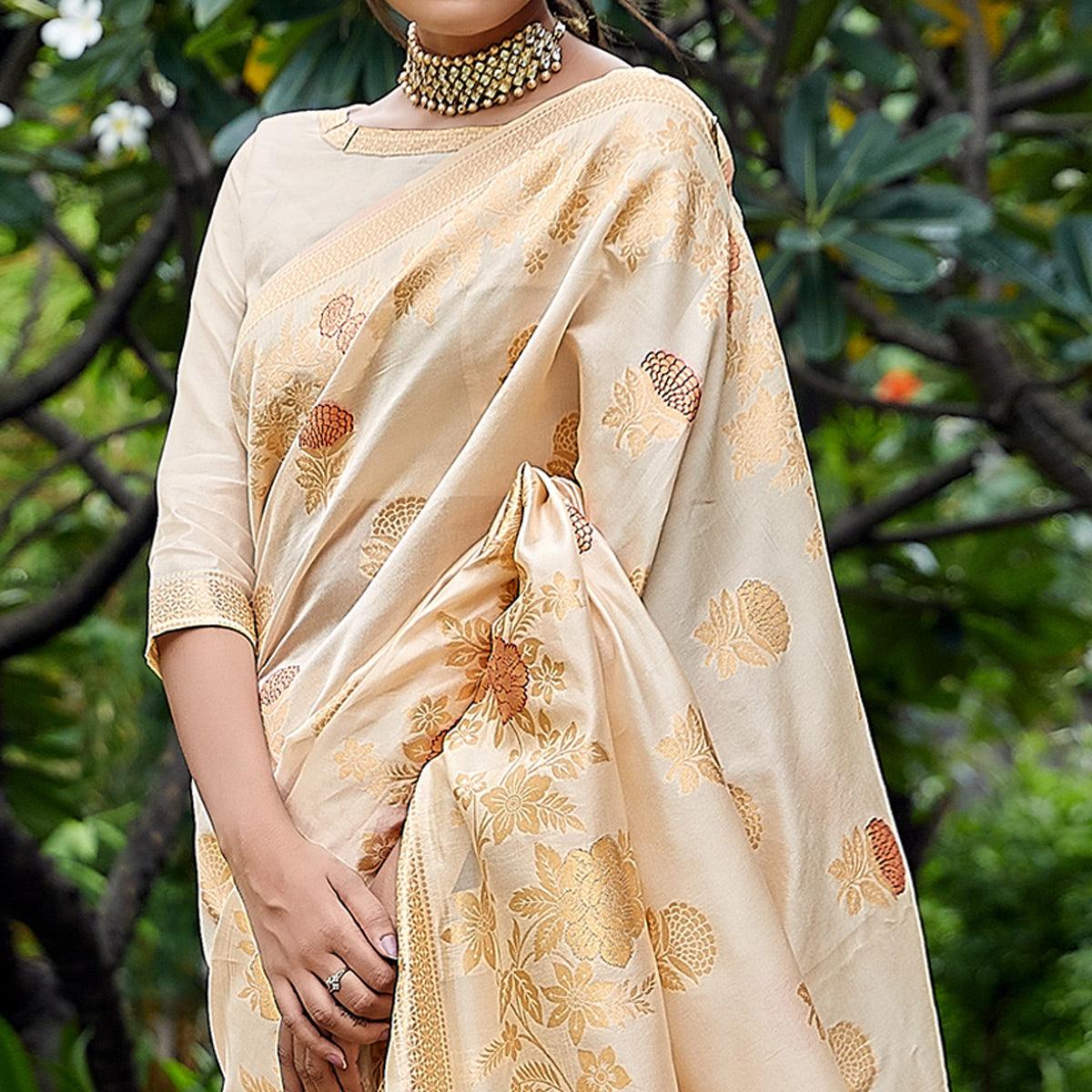 Beige Partywear Woven Silk Saree - Peachmode