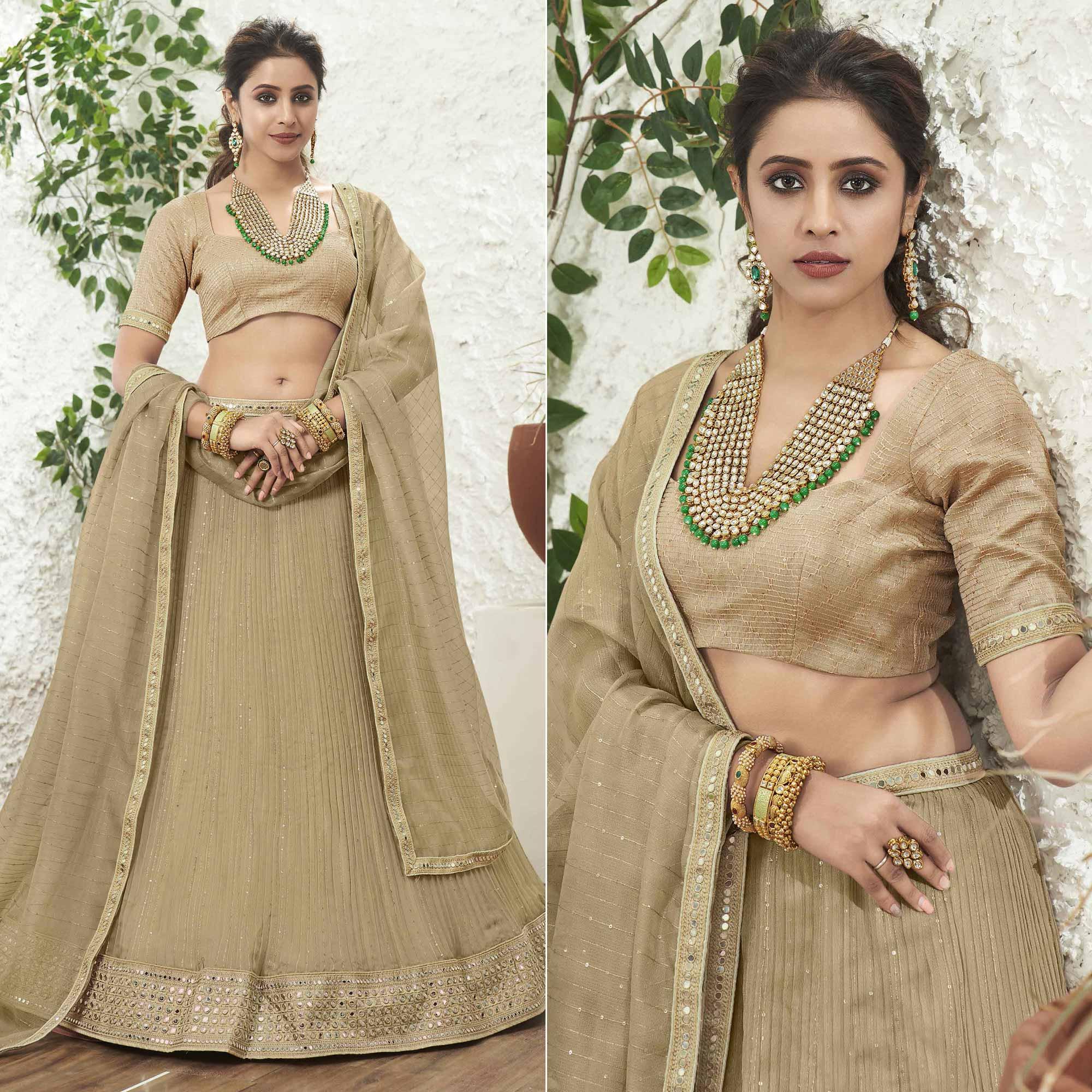 Beige Partywear Zari Sequence Embroidered Organza Lehenga Choli - Peachmode