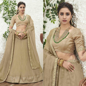 Beige Partywear Zari Sequence Embroidered Organza Lehenga Choli - Peachmode