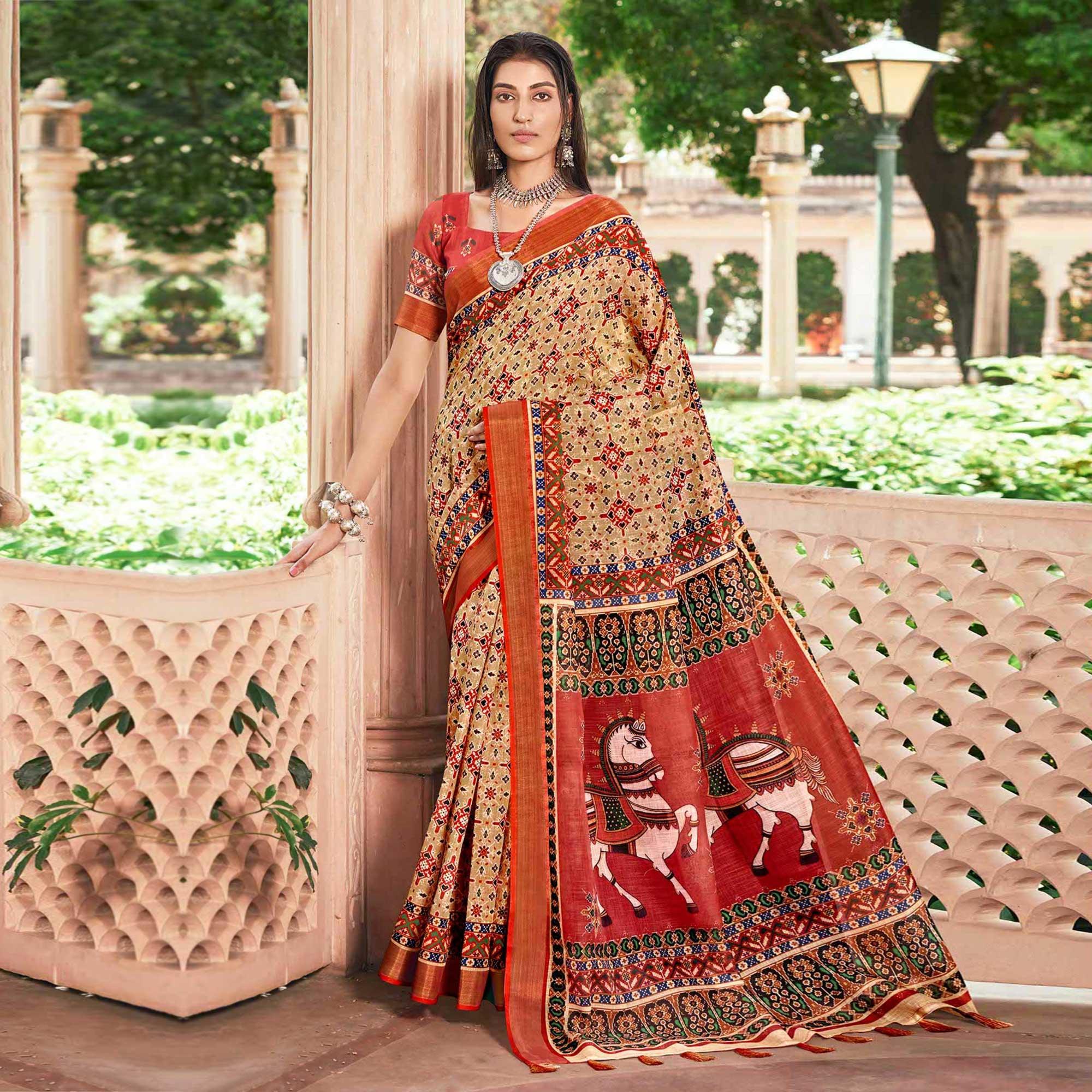 Beige Patola Printed Cotton Silk Saree With Tassels - Peachmode