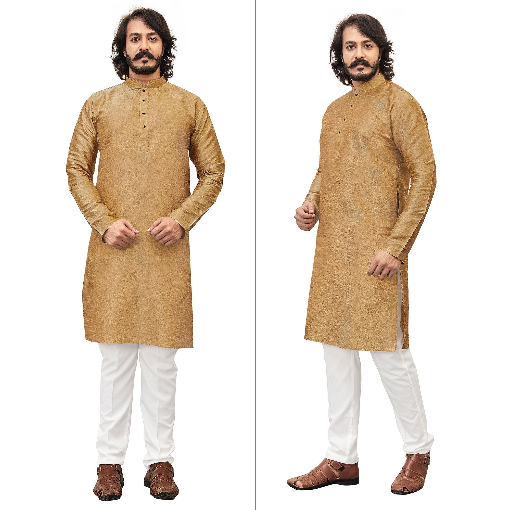 Beige Printed Art Silk Men's Kurta Pyjama Set - Peachmode