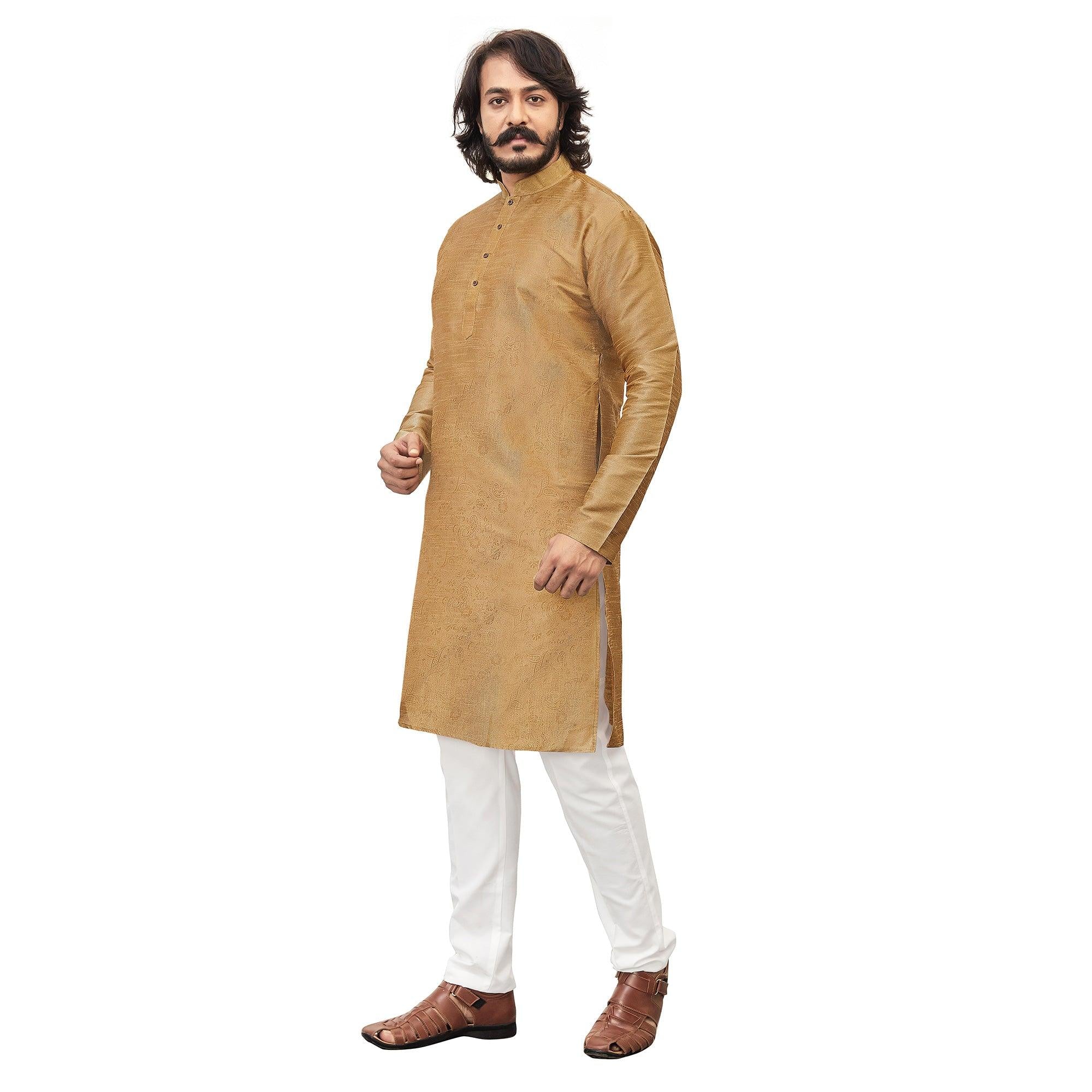 Beige Printed Art Silk Men's Kurta Pyjama Set - Peachmode
