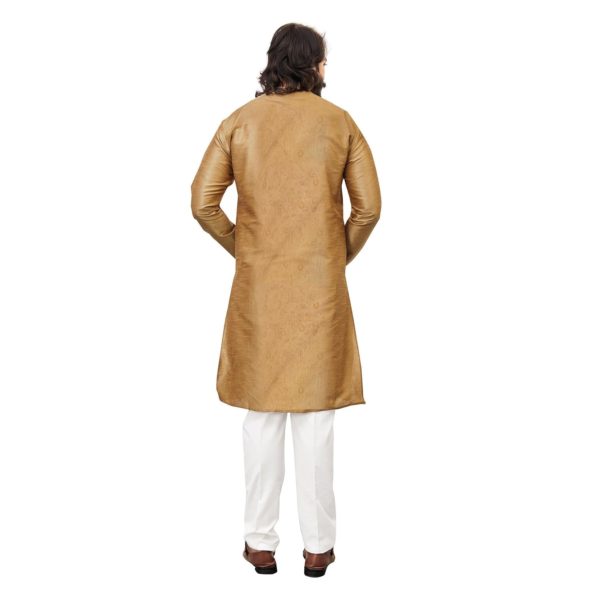 Beige Printed Art Silk Men's Kurta Pyjama Set - Peachmode