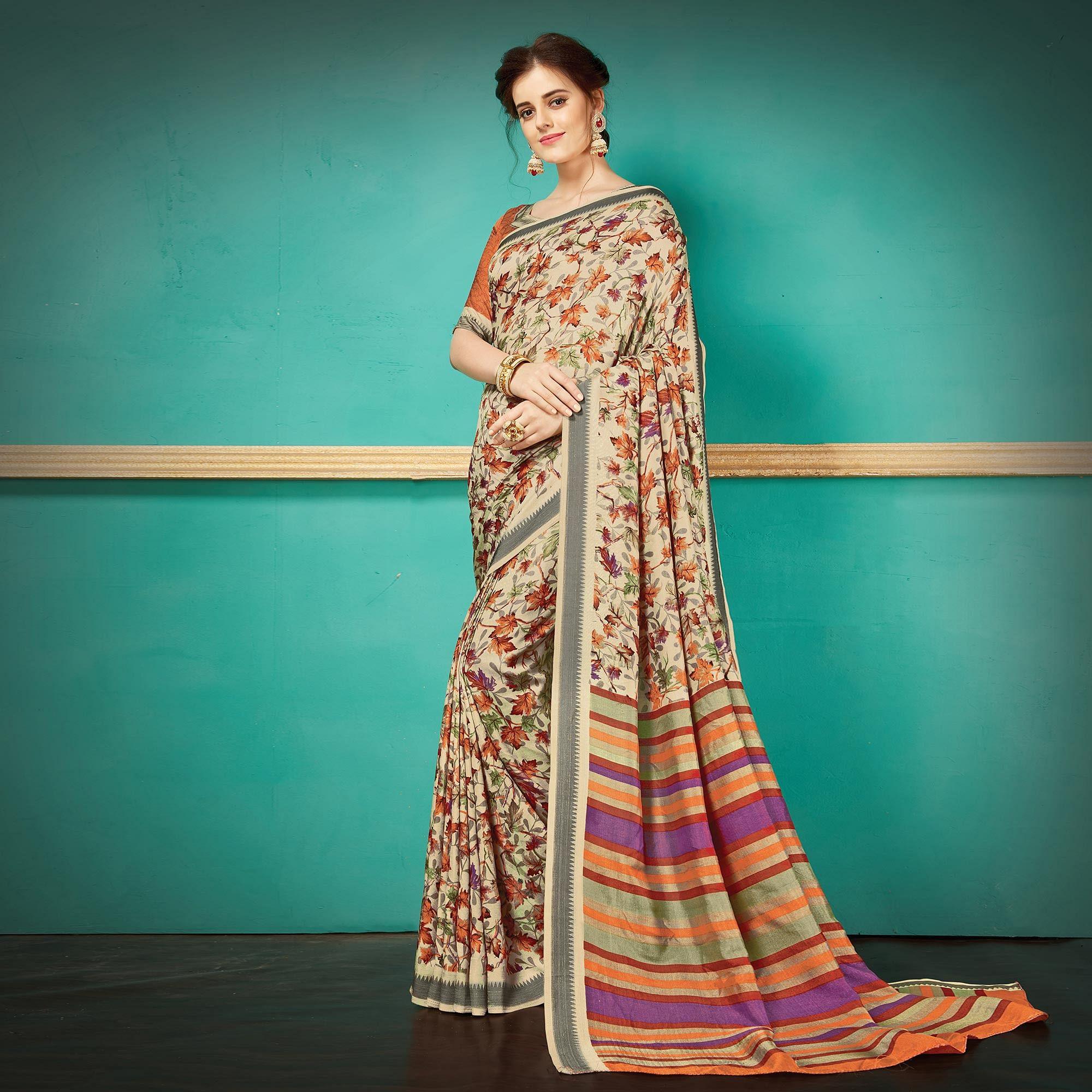 Beige Printed Casual Wear Pashmina Silk Saree - Peachmode