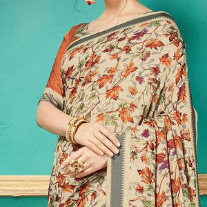 Beige Printed Casual Wear Pashmina Silk Saree - Peachmode