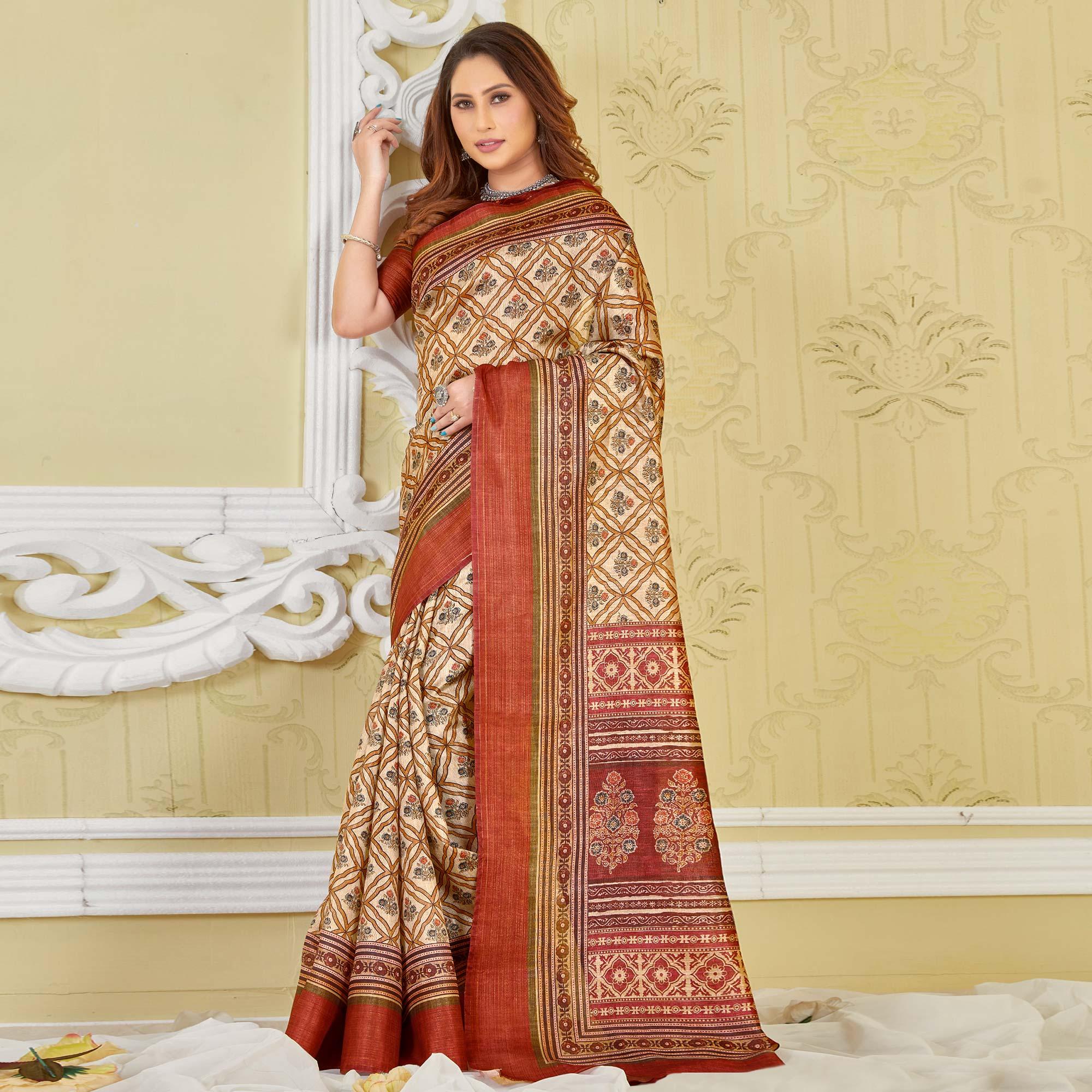 Beige Printed Cotton Saree - Peachmode