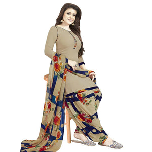 Beige Printed Crepe Patiala Dress Material - Peachmode