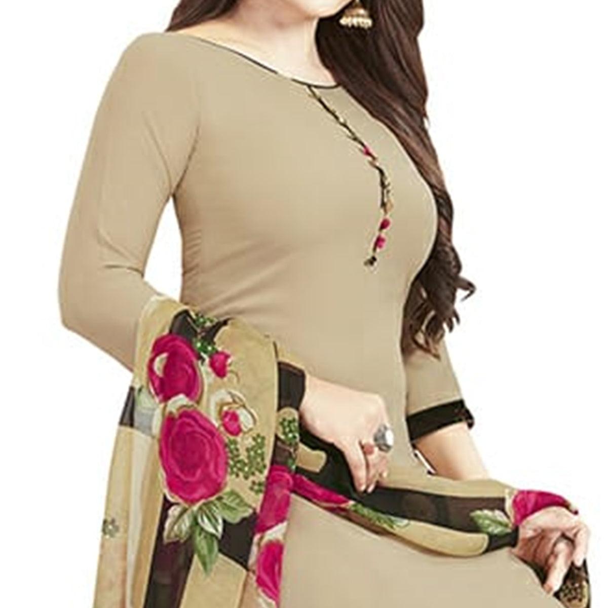 Beige Printed Crepe Patiala Dress Material - Peachmode