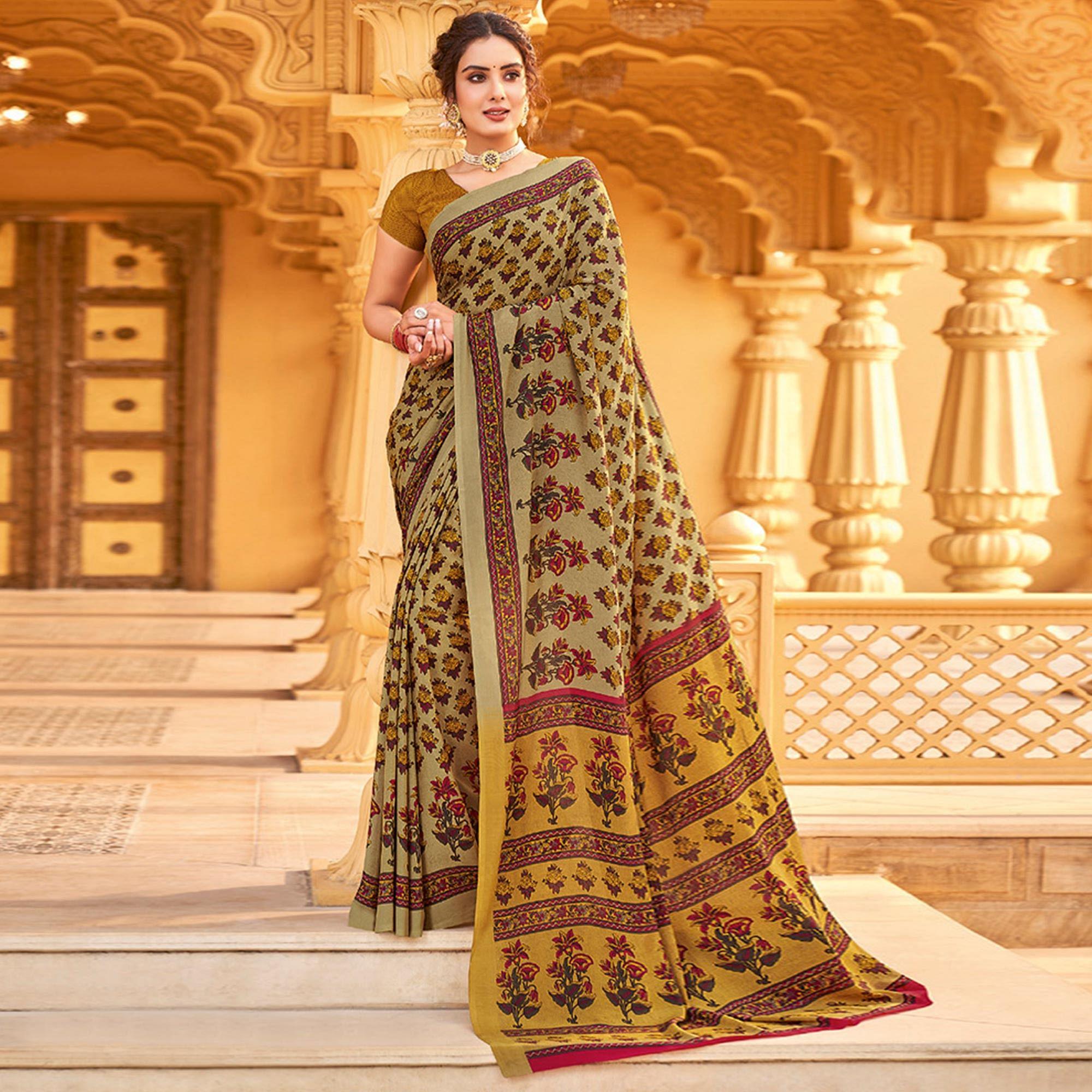 Beige Printed Crepe Saree - Peachmode